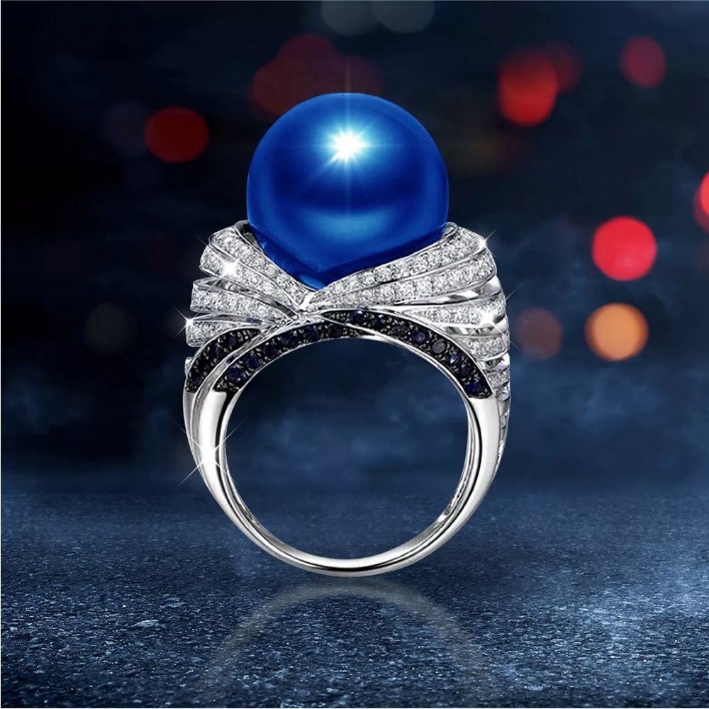 Fashion Ring Zircon Blue And American And Popular Pearl Size 6